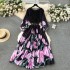 European and American style 2024 new women's dress with oversized skirt print, pleated pleats, waist cinching, and lace up for vacation