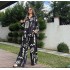 Cross border spot women's clothing 2024 new fashionable printed loose top with tie up high waist wide leg pants two-piece set in Europe and America