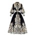 Palace style retro printed temperament polo collar shirt long skirt autumn and winter new style high-end French waist cinching dress