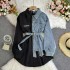 Cowboy patchwork lapel dress autumn and winter new Korean version waist cinching slimming irregular mid length shirt 480g