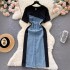 French style niche retro short sleeved patchwork denim dress for women in summer, with a slimming waist and unique casual temperament