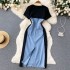 Advanced and cool style, contrasting denim patchwork dress, summer women's clothing, unique and beautiful, waist cinching, mid length skirt, trendy