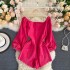 Ins fashion outfit highlights white rose red jumpsuit autumn outfit retro single breasted slim fit short jeans, trendy