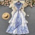 Palace style retro high-end dress for women in summer, tie up waist and slimming, polo collar, single breasted shirt, long skirt