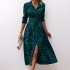 Cross border European and American women's 2024 autumn dress with elegant temperament and printed V-neck sexy slit waist cinching dress