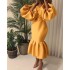 D115 cross-border source African plus size women's fashion solid color V-neck bubble long sleeved fishtail skirt European and American dress