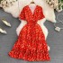 2023 summer new retro V-neck romantic floral A-line dress with elegant temperament, waist cinching and slimming, big swing long skirt