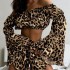 Summer new European and American style women's one shoulder flared long sleeved leopard print short top shorts two-piece set