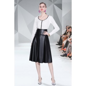 Real time shooting of socialite knitted sweater+high waist slimming leather skirt two-piece set