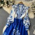 2023 Spring New Vacation Style V-neck Bubble Sleeve Printed Dress for Women, French Retro Grand Swing Knee length Skirt