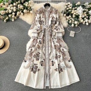 European and American retro niche print high-end dress temperament stand collar buckle slim fit long version bubble sleeve dress for women