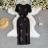 Summer dress with high-end temperament embroidered rose knit dress, women's French short sleeved new Chinese style hip hugging long skirt