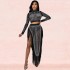 X5372 AliExpress Amazon Europe and America Sexy Nightclub Hot Diamond Mesh Perspective Long Sleeve Split Long Dress Two Piece Set