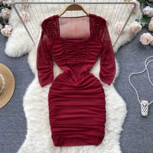 2023 summer new square neck pleated sexy dress with slimming waist and hip hugging short skirt party dress