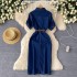 Light luxury socialite style high-end Polo collar denim dress, women's summer slit waistband design, niche temperament long skirt