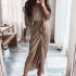 2024 autumn European and American women's clothing foreign trade INS new sexy printed V-neck pleated irregular strap dress