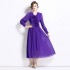 2024 Heavy Industry pleated three-dimensional flower nail bead V-neck banquet dress long sleeved dress long skirt