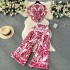 Light luxury chopped off women's style high-end printed fashion set summer sleeveless top+high waisted hanging micro flared pants