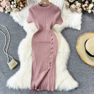 2020 popular women's clothing new Korean version simple solid color breasted slim fit short sleeved knitted slit hip hugging dress