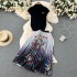 High end temperament socialite set, women's high waisted pleated butterfly print skirt, stand collar knitted top two-piece set