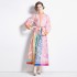 Real time spot spring clothing new ethnic style retro stand up collar lantern sleeves color blocked printed dress