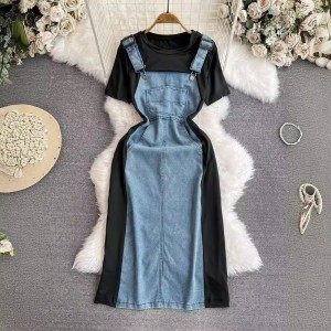 Chic Hong Kong style retro design sense fake two short sleeved t-shirts contrasting color splicing denim strap skirt niche dress