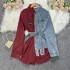 Cowboy patchwork lapel dress autumn and winter new Korean version waist cinching slimming irregular mid length shirt 480g