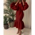 D115 cross-border source African plus size women's fashion solid color V-neck bubble long sleeved fishtail skirt European and American dress