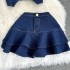 American style spicy girl denim suit pure desire style chain sling strapless denim top+high waisted A-line ruffled skirt