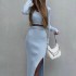 2023 Autumn/Winter New Cross border Women's Clothing Solid Color Knitted Round Neck Top Long Sleeve Split Long Skirt Two Piece Set for Women