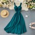 2023 new design sense careful machine V-neck backless retro solid color waist slimming long skirt women's dress