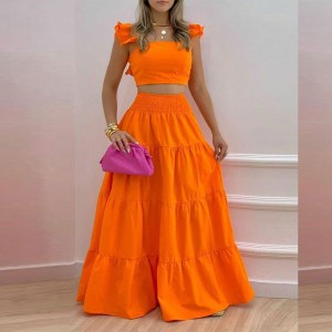 2024 Autumn Set, European and American Women's Wear, Solid Color, Trendy, Sexy, Lotus Leaf Strap, Large Swing Skirt, Fashion Set for Women