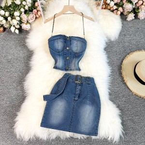 American retro spicy girl style set sexy strapless hanging neck top short versatile denim skirt two-piece set trendy