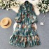 French retro light mature style bow tie lantern long sleeved print cinched waist slimming temperament chiffon dress trendy