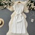 2023 Summer French Retro Style Polo Collar Loose Waist Strap A-line Knitted Dress Casual Long Dress