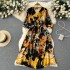 French retro high-end floral dress, women's summer new collection, waist cinched lace up five quarter sleeve chiffon skirt, V-neck dress