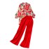 Fashion suit women's casual single breasted lantern sleeve loose printed shirt two-piece set high waist straight leg wide leg pants