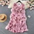 French dress women's 2023 new elastic waistband tie dye ruffled lantern sleeves floral chiffon holiday skirt