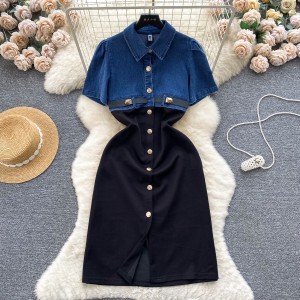 Early spring Korean style outfit design sense fake two piece denim short sleeved contrasting splicing breasted mid length temperament dress