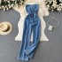 Spring and summer new retro style sexy slimming single breasted denim strapless jumpsuit with feminine temperament wide leg denim pants