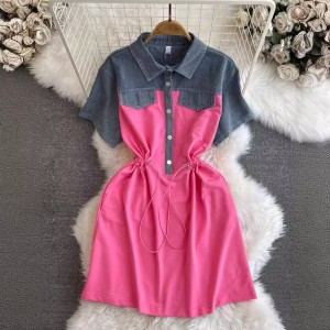 Korean style outfit design, fake two piece denim shirt, short sleeved patchwork drawstring waist cinching short style, age reducing dress for women