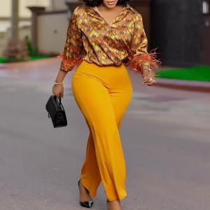 D541 European and American women's clothing independent website eBay printed long sleeved shirt with elegant temperament, wide leg pants, fashionable African suit