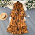 French retro light mature style bow tie lantern long sleeved print cinched waist slimming temperament chiffon dress trendy