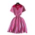 Foreign trade French contrasting retro lapel short sleeved striped knitted dress for women with a cinched waist, showing a slimming temperament, A-line short skirt