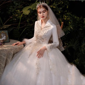 Winter Wedding Dress 2024 New Bridal Long Sleeve Summer V-neck Flat White Thick Warm Starry Sky Fantasy Autumn and Winter