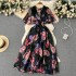 Summer V-neck printed chiffon dress for women with a cinched waist and slimming temperament, ruffled short sleeved cinched waist, first love fairy dress