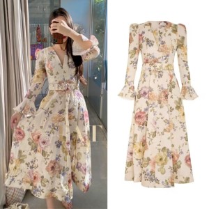 Real time spot autumn outfit new deep V-neck flared sleeve printed long swing dress