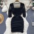 2023 summer new square neck pleated sexy dress with slimming waist and hip hugging short skirt party dress