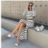 In stock 2024 autumn Amazon fashion classic black and white striped long sleeved short top button up skirt set