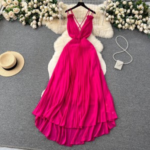 Sexy light luxury style dress, women's summer high-end feeling, pleated deep V-neck, backless design, cinched waist, large swing suspender long skirt